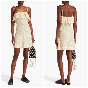 NEW Ganni Natural Ruched Gingham Seersucker Motif Mini Dress EU 44